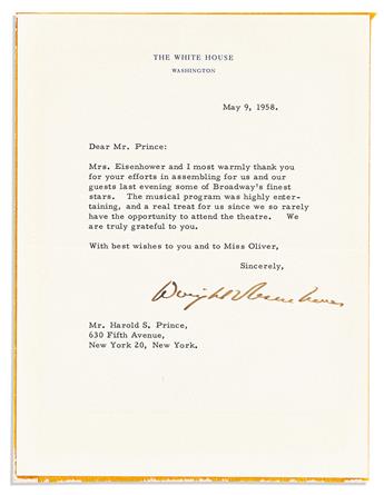 EISENHOWER, DWIGHT D. AND MAMIE. Two Typed Letters Signed, each by one, as President or First Lady, to Harold Prince, each thanking for